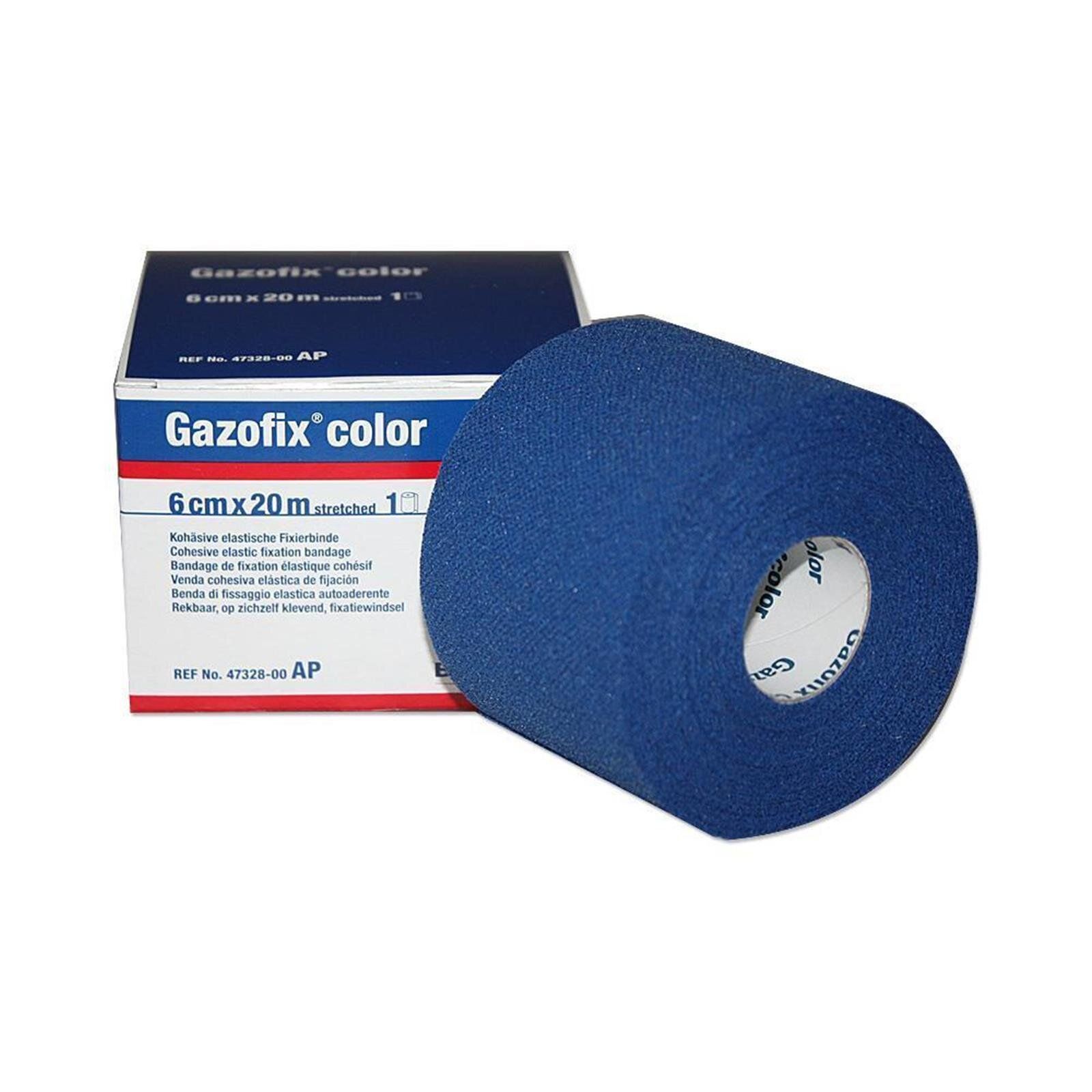 Blaues Gazofix-Verbandrolle neben Verpackung. Auf der Verpackung steht "Gazofix color", 6 cm x 20 m. Auf der Rolle ist "Gazofix" zu sehen.