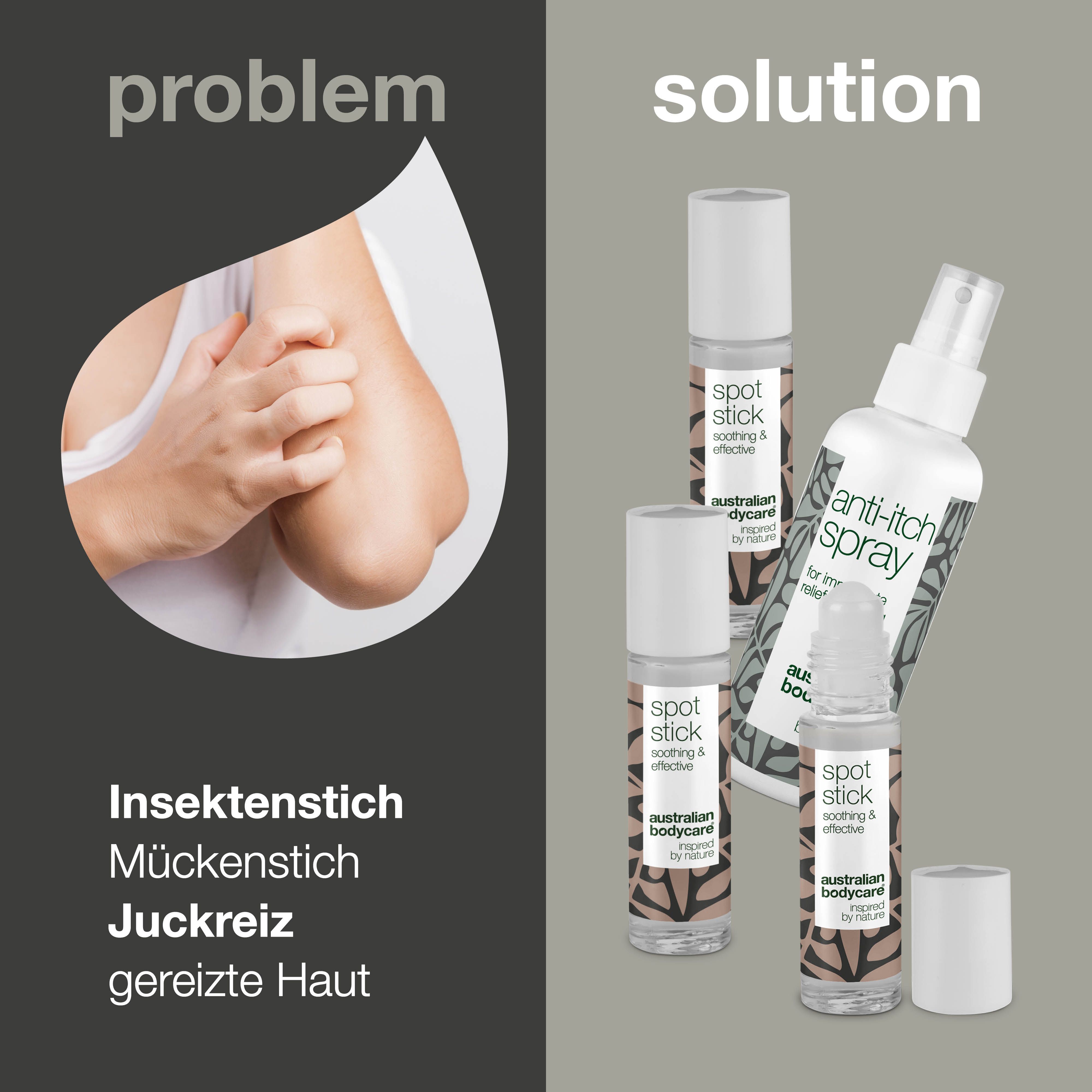 Grafik mit Problem und Lösung.  Set mit Anti-Juckreiz-Spray und Spot Sticks.  Markenname und Text sichtbar.