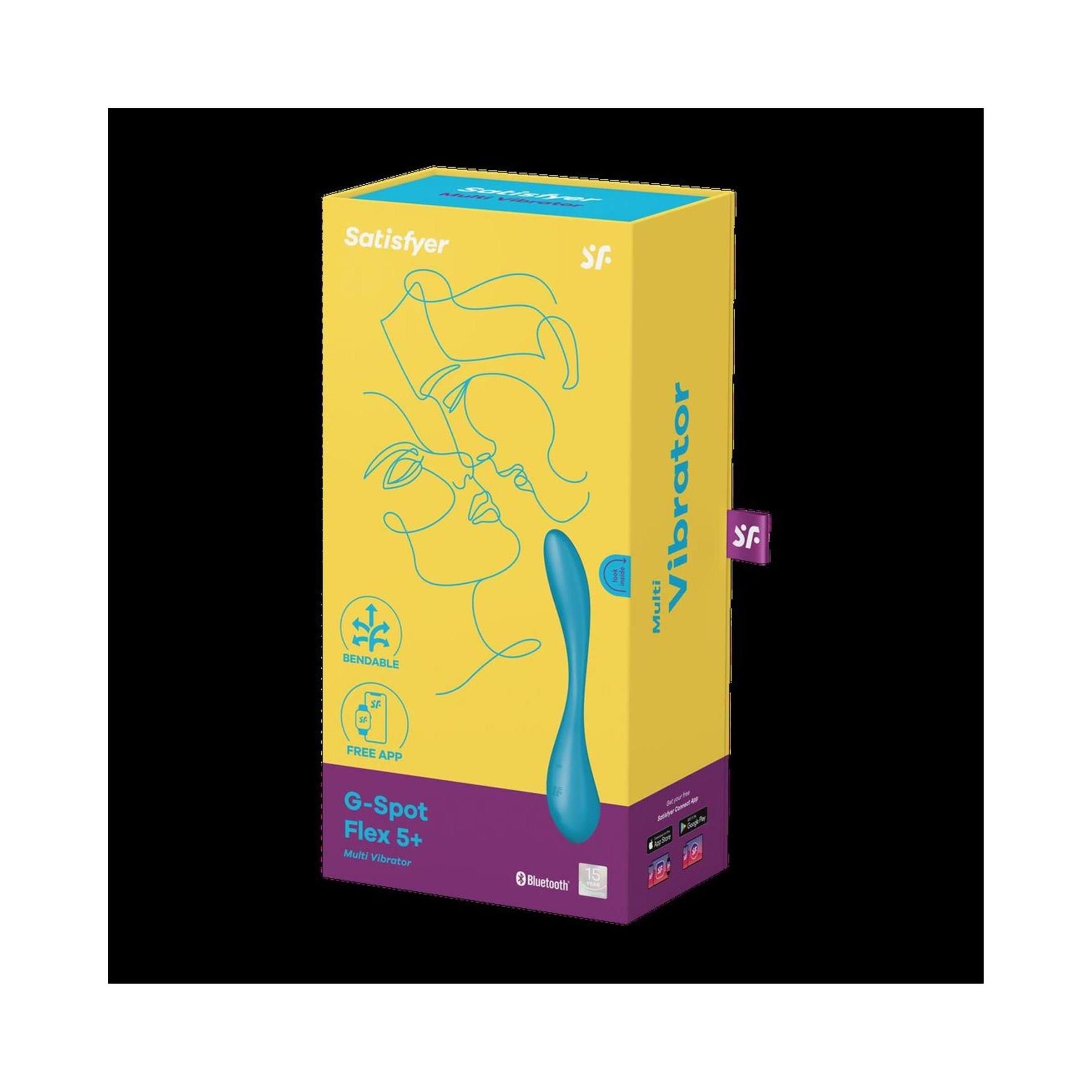 Verpackung von Satisfyer G-Spot Flex 5+. Gelb und lila. Produktabbildung und Schriftzug.