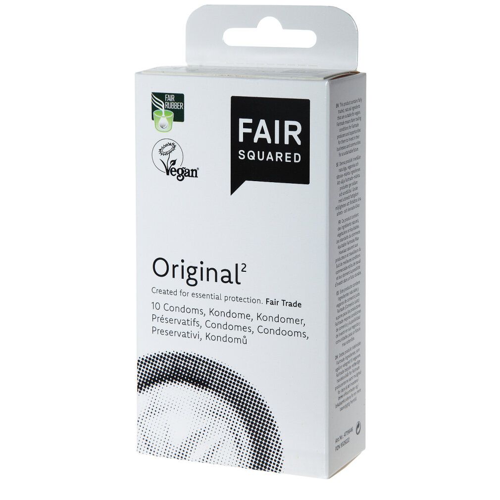 Kondom-Schachtel "FAIR SQUARED Original²". Vegan-Siegel und Fair Rubber-Logo. Text in mehreren Sprachen. Mit Aufhänger.
