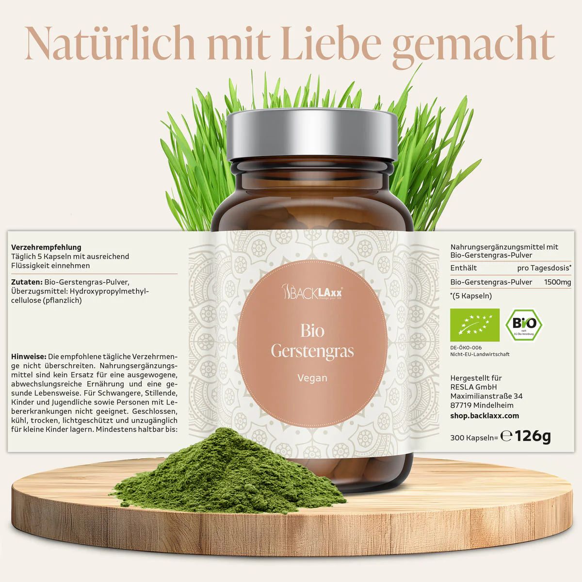 Bio Gerstengras Kapseln - 1500 mg pro Tagesdosis, 300 Kapseln, vegan - BACKLAxx®