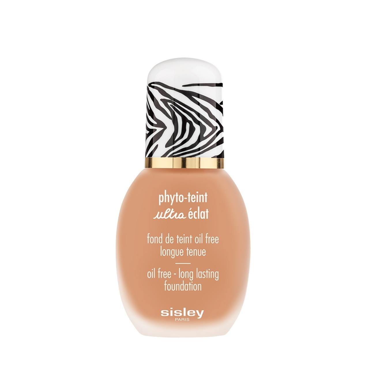 Sisley Phyto-Teint Ultra Eclat Foundation. Flasche mit Zebra-Muster-Deckel. Text: Oil free - long lasting foundation.