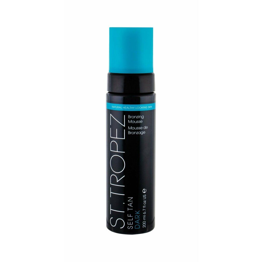 St.Tropez Selbstbräunungs-Mousse, dunkel. Schwarze Flasche mit blauem Deckel. Text: St.Tropez, Self Tan Dark, Bronzing Mousse.