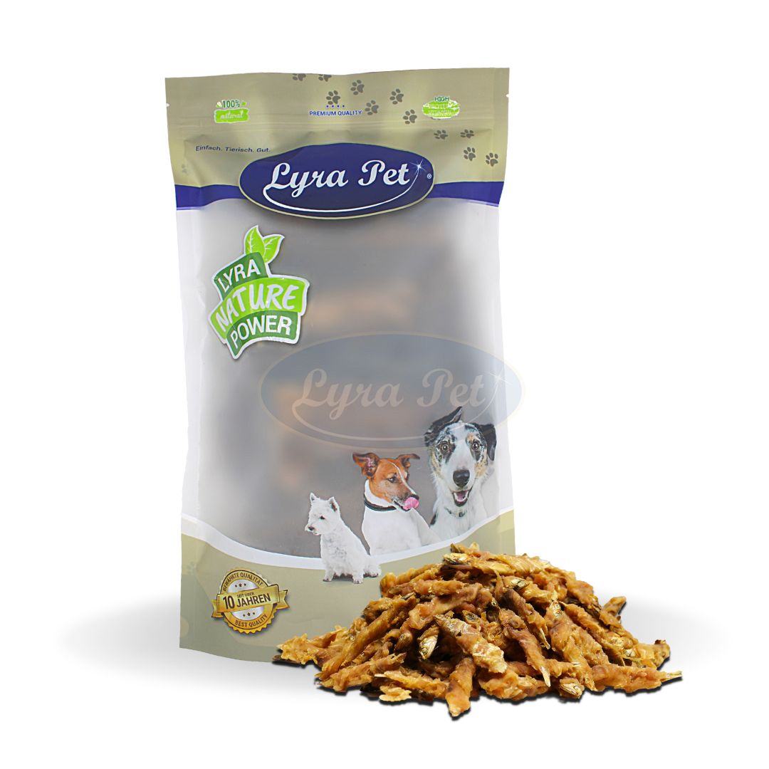 Lyra Pet® Hühner Wrap mit Fisch in Beutel. Produkt mit Hundeabbildungen. Sichtbar: Lyra Pet Logo, "Nature Power" und "10 Jahren".