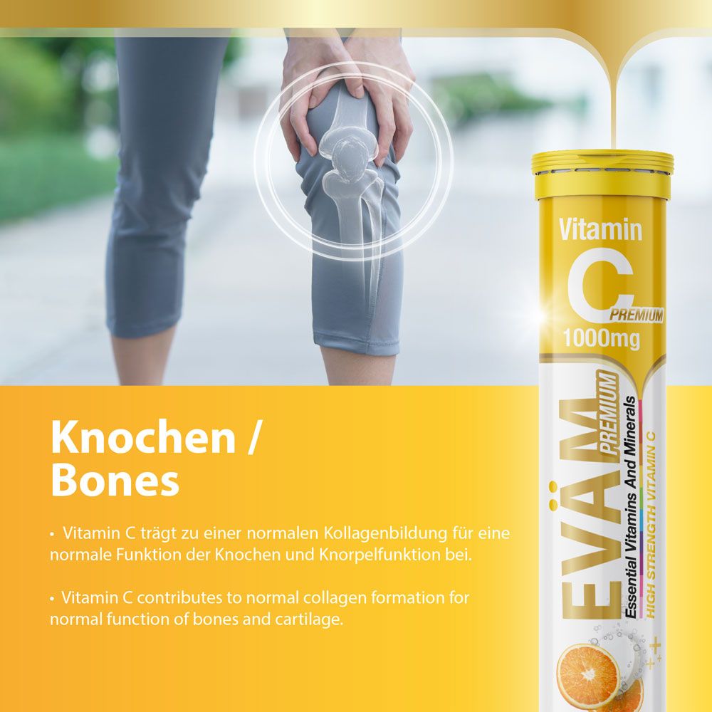 EVÄM Vitamin C1000 Tube. Gelbe Verpackung mit weißer Schrift. Aufdruck: Vitamin C 1000mg, Orange Flavour, 20 Brausetabletten. Bild von Knie und Knochen.