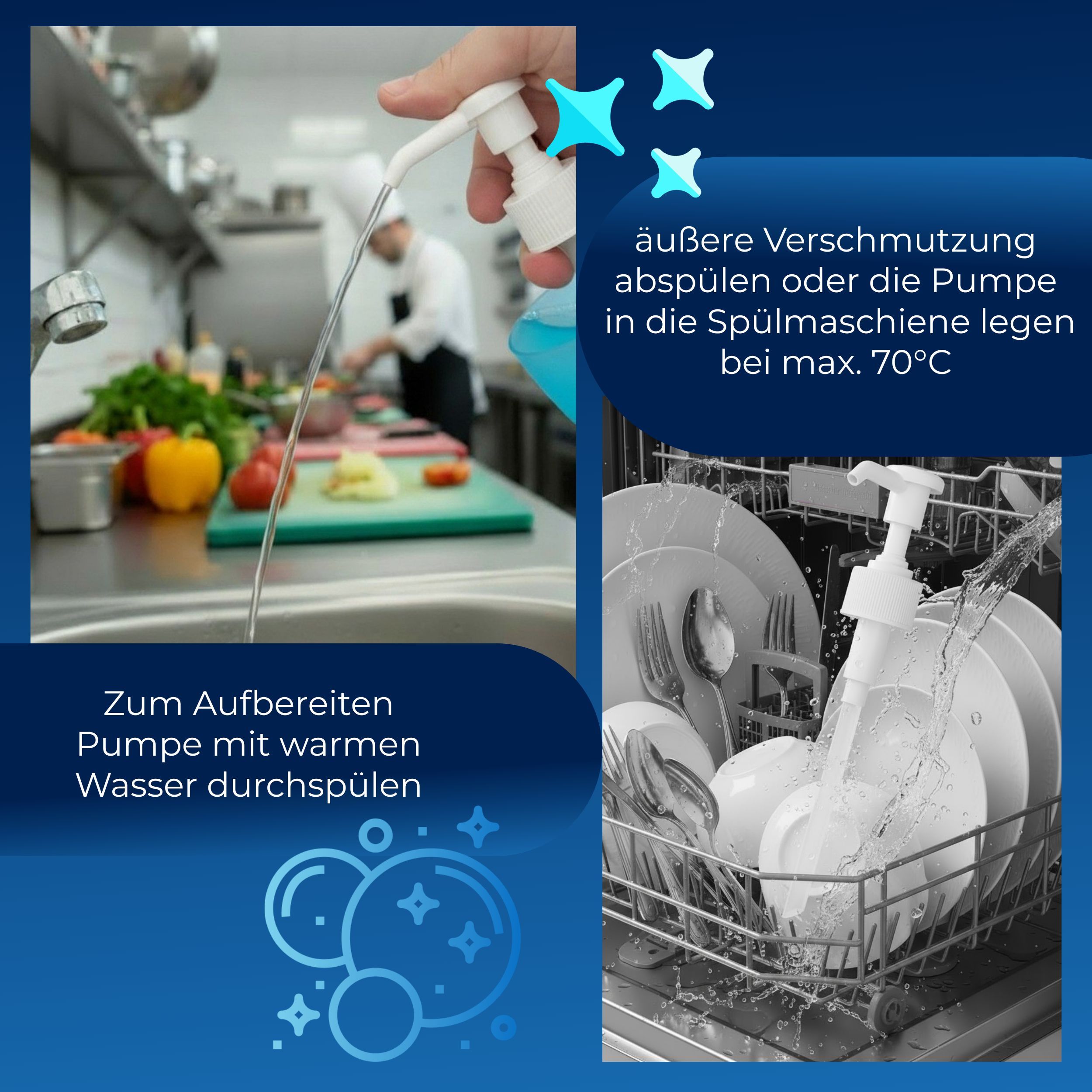 Anleitung zur Reinigung der Dosierpumpe. Pumpe wird mit warmem Wasser gespült und in der Spülmaschine gereinigt.