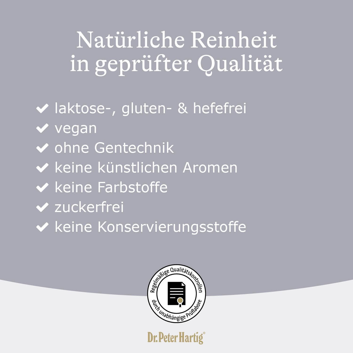 Liste: laktose-, gluten- & hefefrei, vegan, ohne Gentechnik, keine künstlichen Aromen, keine Farbstoffe, zuckerfrei, keine Konservierungsstoffe.