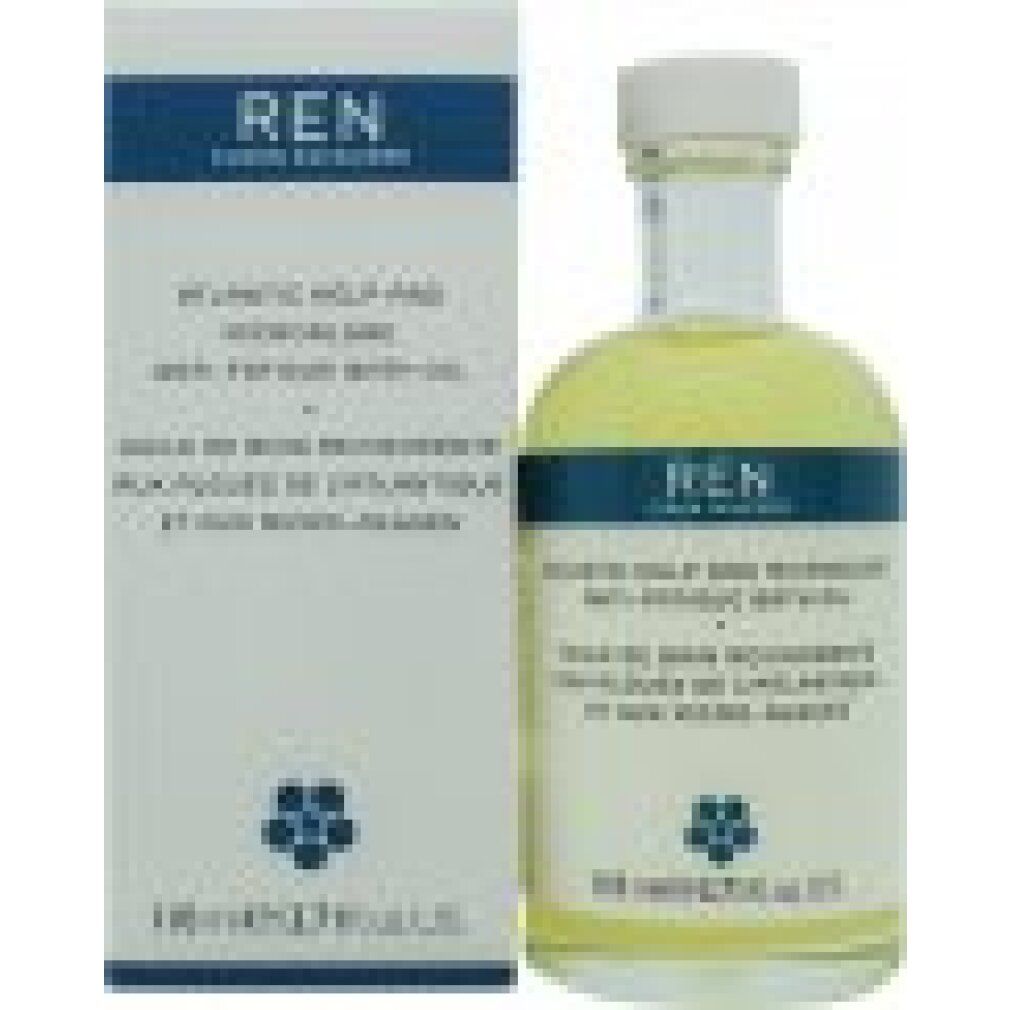 Badeöl und Verpackung. Flasche mit weißem Verschluss. Aufschrift: REN Clean Skincare, Atlantic Kelp & Microalgae Anti-Fatigue Bath Oil. 110 ml.