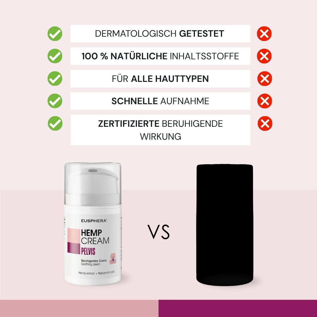 Vergleich: HEMP CREAM PELVIS, weißer Behälter, vs. schwarzer Zylinder. Text: Dermatologisch getestet, etc.