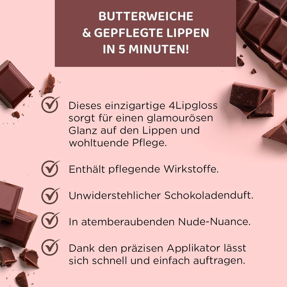 Text mit Produktvorteilen: 4 Lipgloss, Pflege, Schokoladenduft, Nude-Nuance, präziser Applikator.