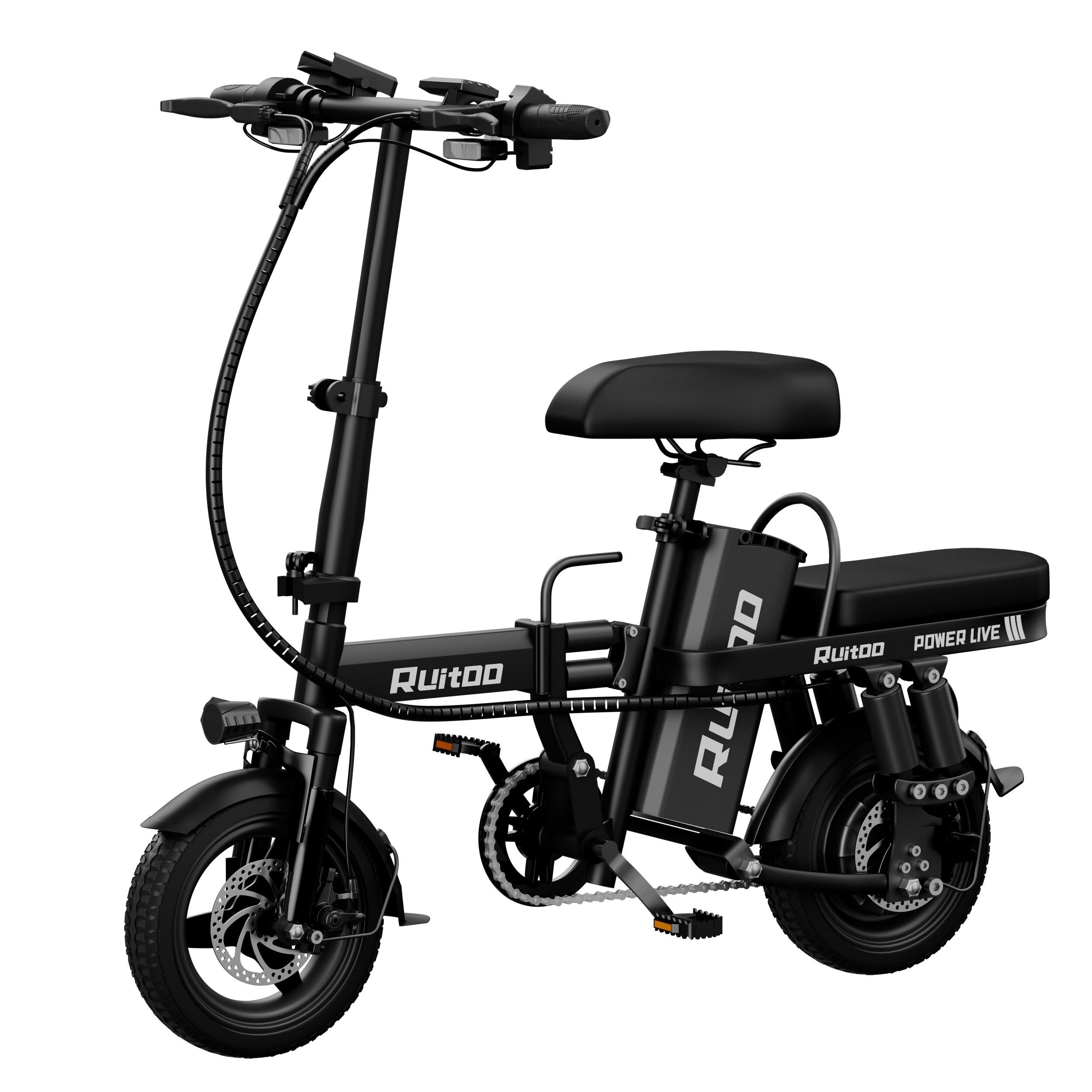 Schwarzes E-Bike, Seitenansicht. Sichtbar: Räder, Sattel, Akku, Lenker. Marke: Ruitoo.