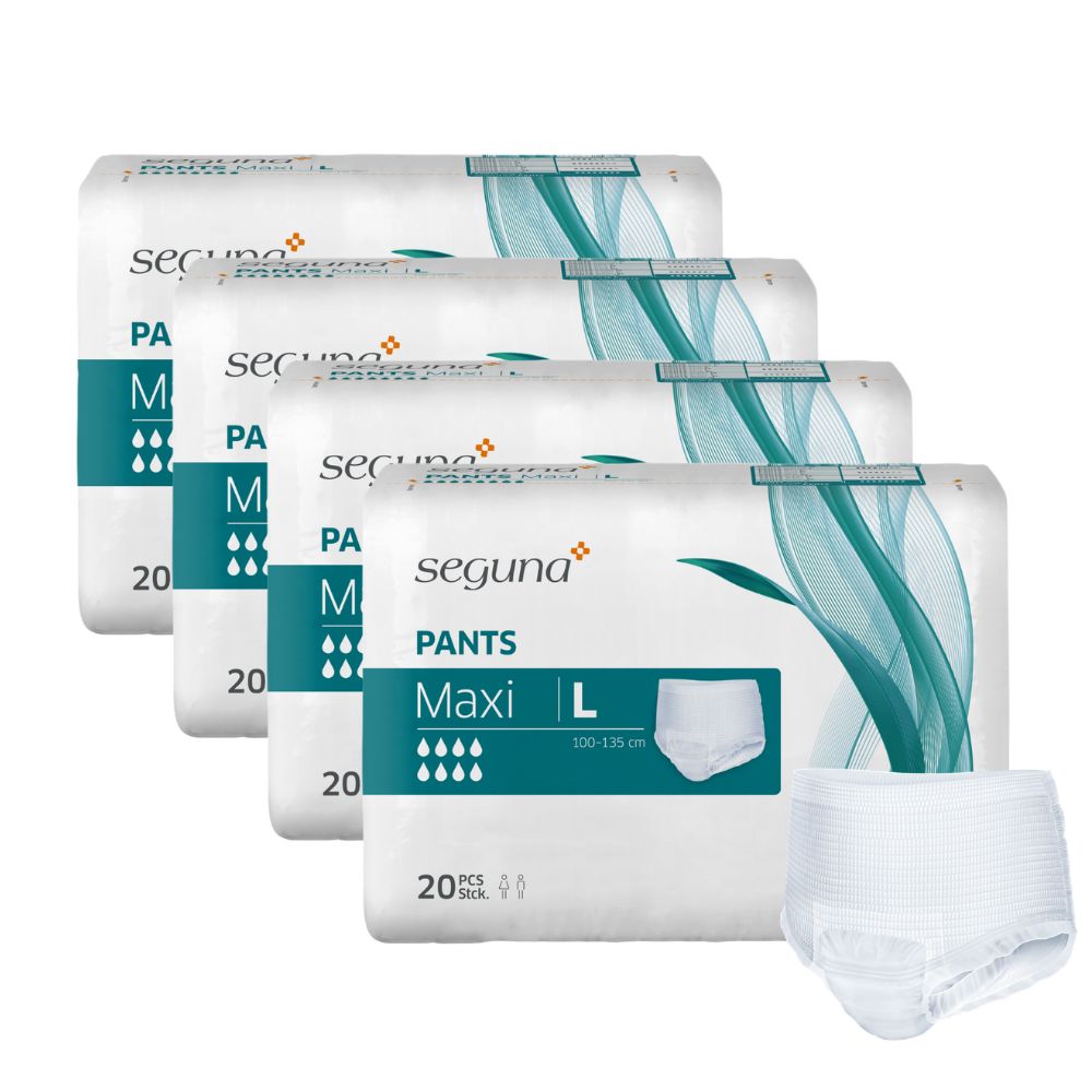 Packungen SEGUNA Pants Maxi L. 20 Stück pro Packung. Produktansicht und einzelne Pants.