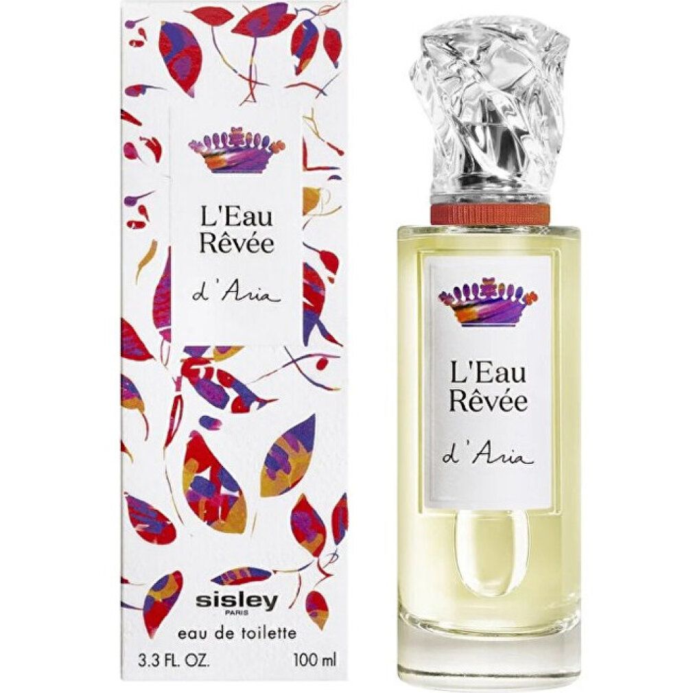 Flakon und Verpackung nebeneinander. Verpackung mit floralem Muster. Flakon mit Etikett "L'Eau Rêvée d'Aria".