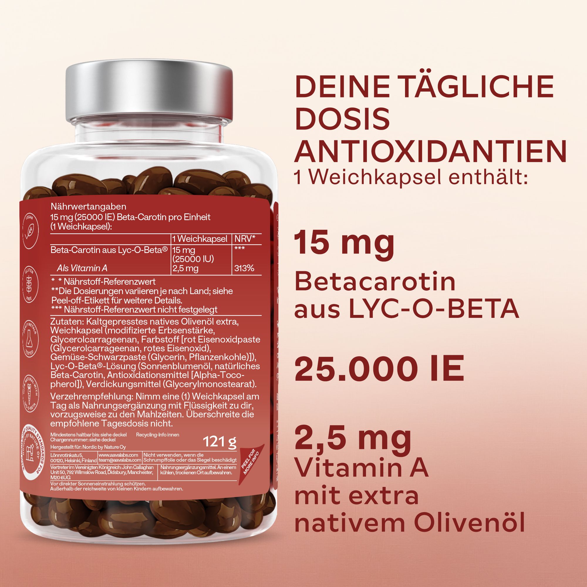 Aavalabs Beta Carotene Flasche auf Strand. 15 mg, 25.000 IE, 100% vegan.