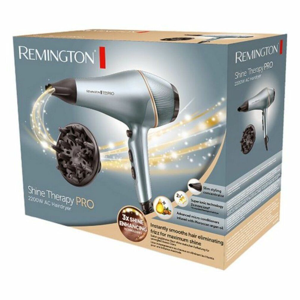 Haartrockner in Verpackung. Marke Remington Shine Therapy PRO. Zubehör: Diffusor.