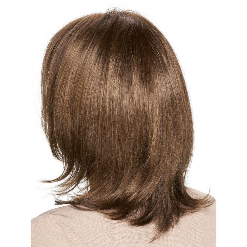 Perücke CALGARY von DELUXE. Braun, schulterlang, mit Pony. Rückansicht der Perücke.