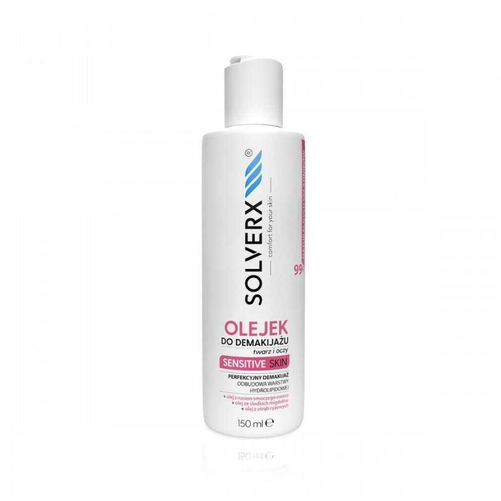 Weiße Flasche mit SOLVERX-Logo und Produktbezeichnung. Aufschrift: OLEJEK DO DEMAKIJAZU, SENSITIVE SKIN. 150 ml.
