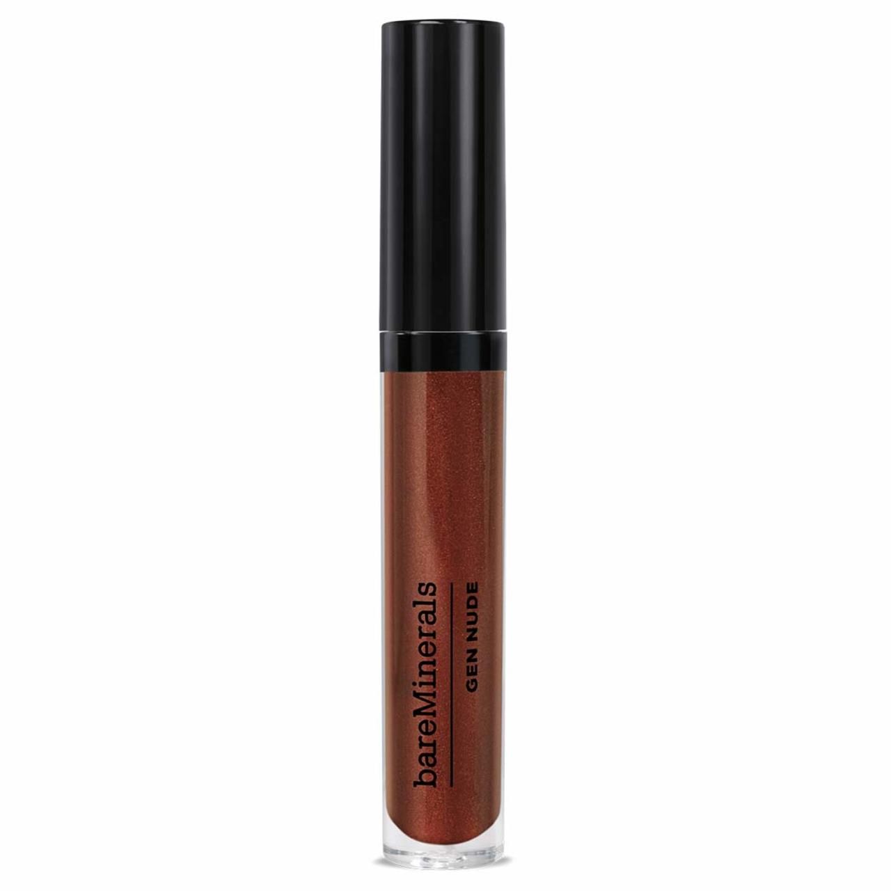 bareMinerals Gen Nude Lip Lacquer. Braune Flüssigkeit in durchsichtiger Tube mit schwarzem Deckel. Markenname und Produktname aufgedruckt.