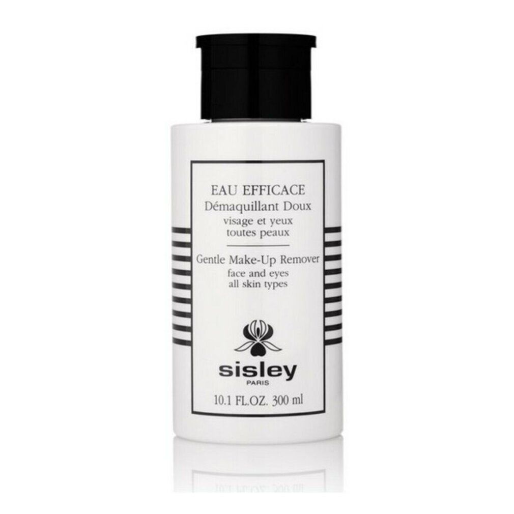 Weiße Flasche mit schwarzem Deckel. Aufschrift: Eau Efficace, Gentle Make-Up Remover, Sisley. 300 ml.