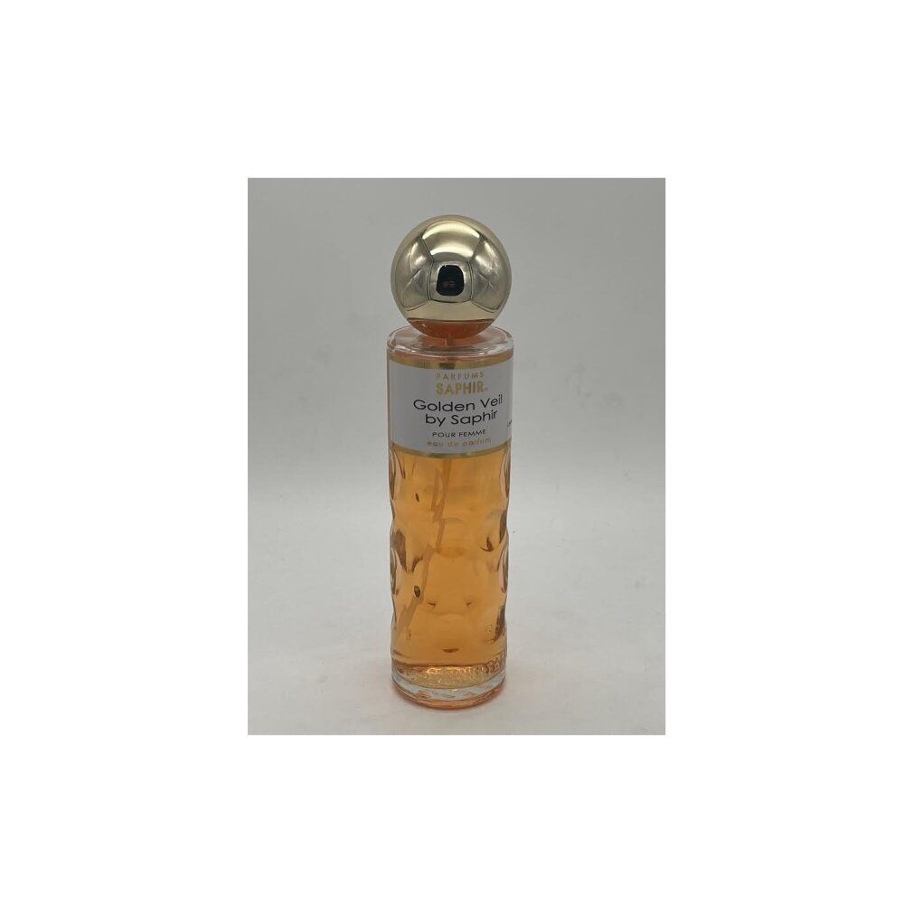 Parfümflakon mit goldfarbenem Verschluss. Aufschrift: Golden Veil by Saphir. Gelbe Flüssigkeit im Glasbehälter mit geprägtem Muster.