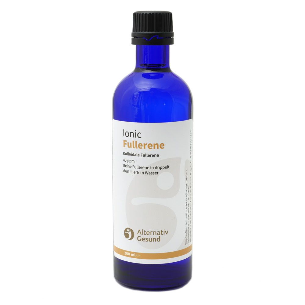 Blaue Glasflasche mit schwarzem Deckel. Aufschrift: Ionic Fullerene, 40 ppm, Alternativ Gesund.