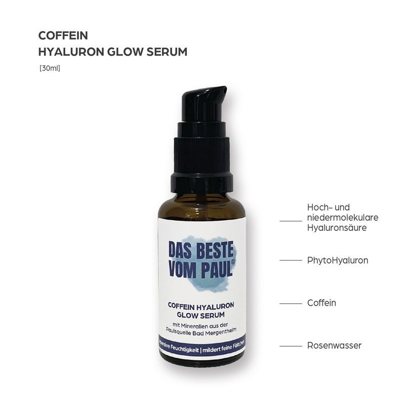 Braune Flasche mit Serum. Aufschrift: Das Beste vom Paul. Text: Coffein Hyaluron Glow Serum. Inhaltsstoffe.