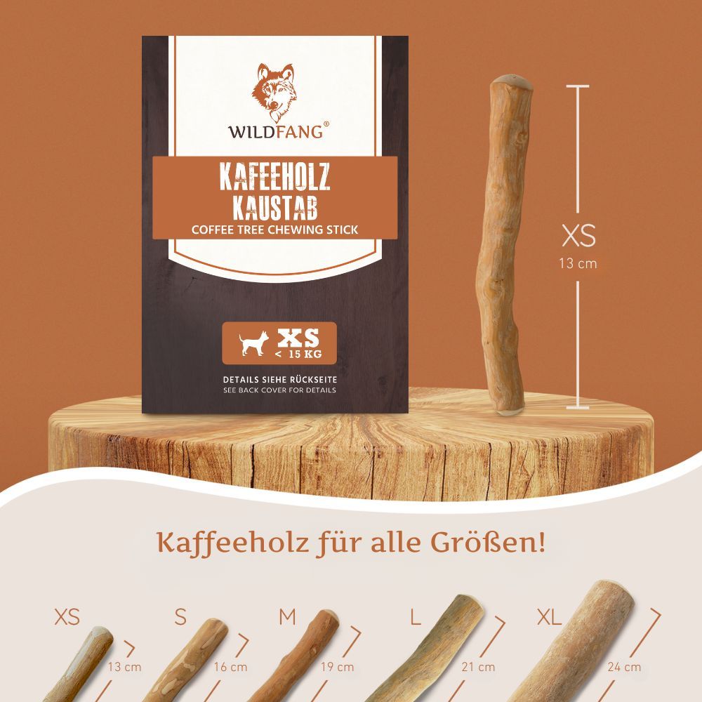 Kaffeeholz-Kaustab, XS, 13 cm. Verpackung mit Produkt und Größenangaben. Braunes Holz auf Holzsockel.