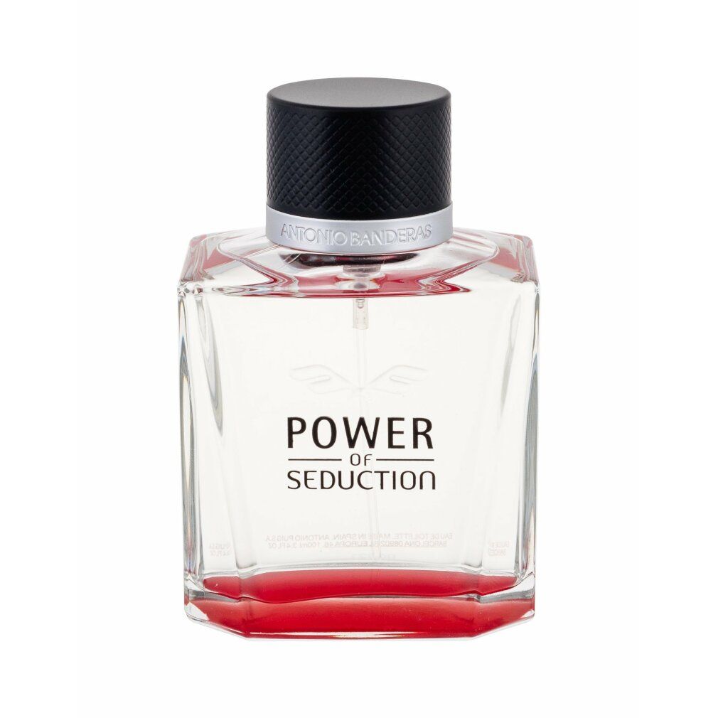Glasflakon mit schwarzem Deckel, rotem Sockel und dem Schriftzug "Power of Seduction".