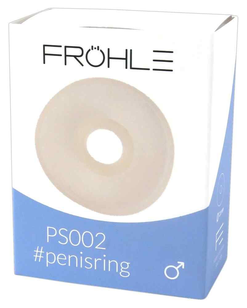 Weißliche Powermanschette mit zentraler Öffnung, in Verpackung. Aufdruck: FRÖHLE, PS002, #penisring. Männliches Symbol.