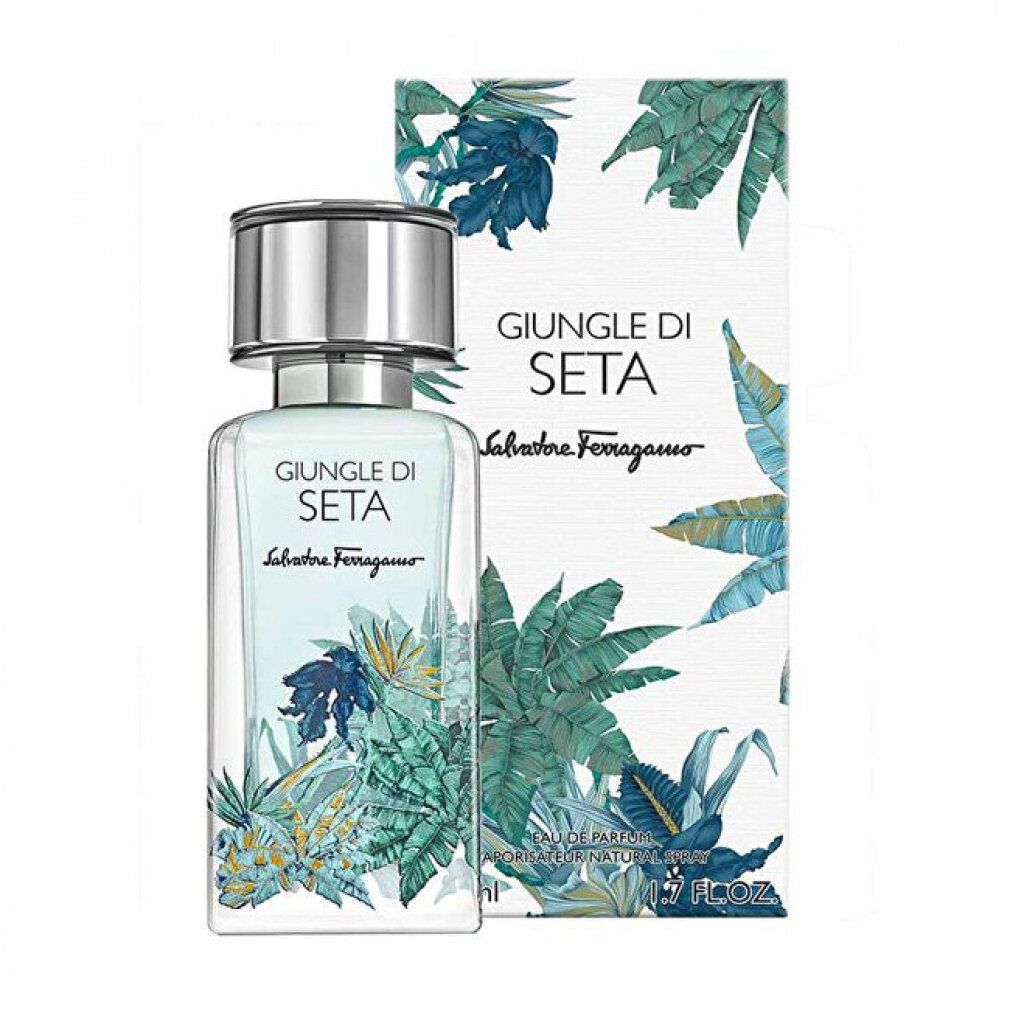 Salvatore Ferragamo Giungle Di Seta Eau De Parfum Flakon mit botanischem Motiv.