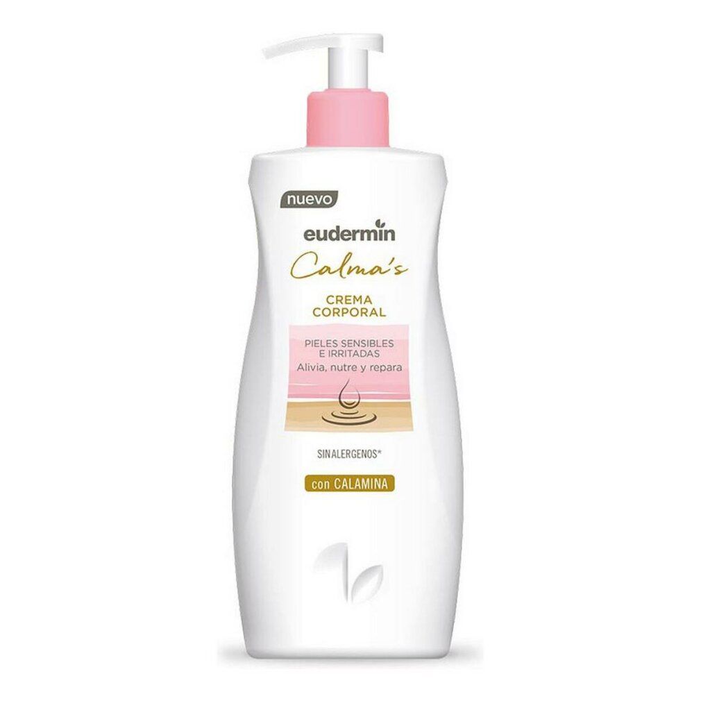 Weißer Behälter mit rosa Pumpe. Aufschrift "Eudermin Calma's Crema Corporal". Text: "Pieles sensibles e irritadas".