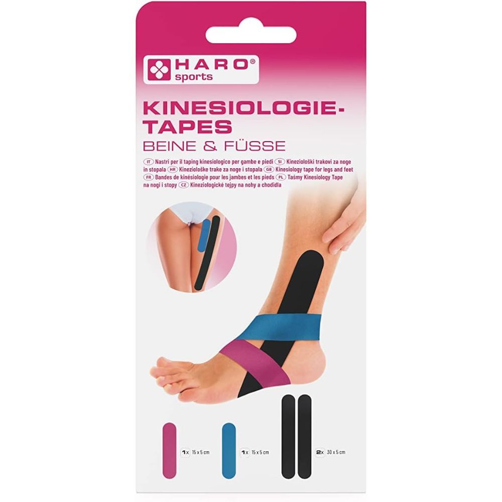 Confezione di cerotti per kinesio taping per gambe e piedi. Sulla confezione sono raffigurate bende colorate su gamba e piede.