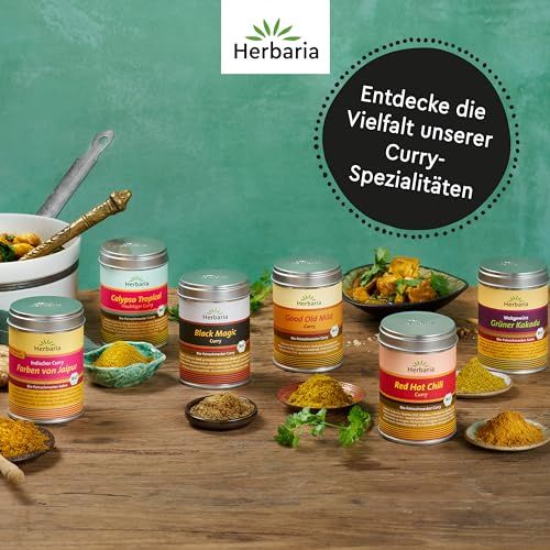 Vielfalt der Herbaria Curry-Spezialitäten: Black Magic, Good Old Mild, Grüner Kakao, etc.
