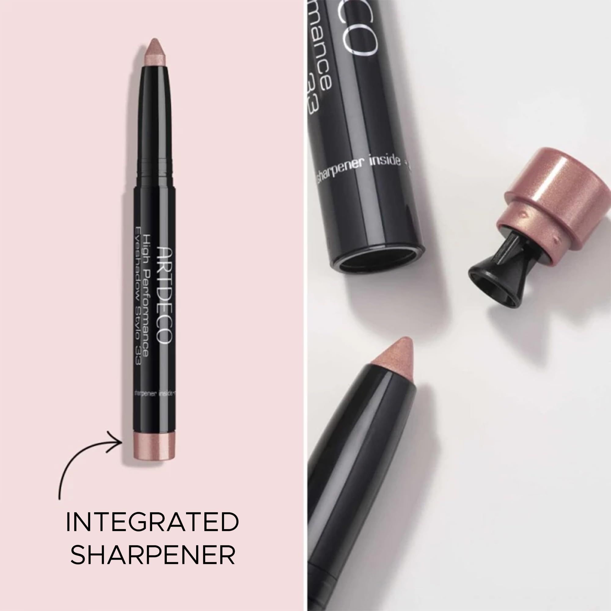 Artdeco High Performance Eyeshadow Stylo mit integriertem Spitzer. Produkt und Spitzer.