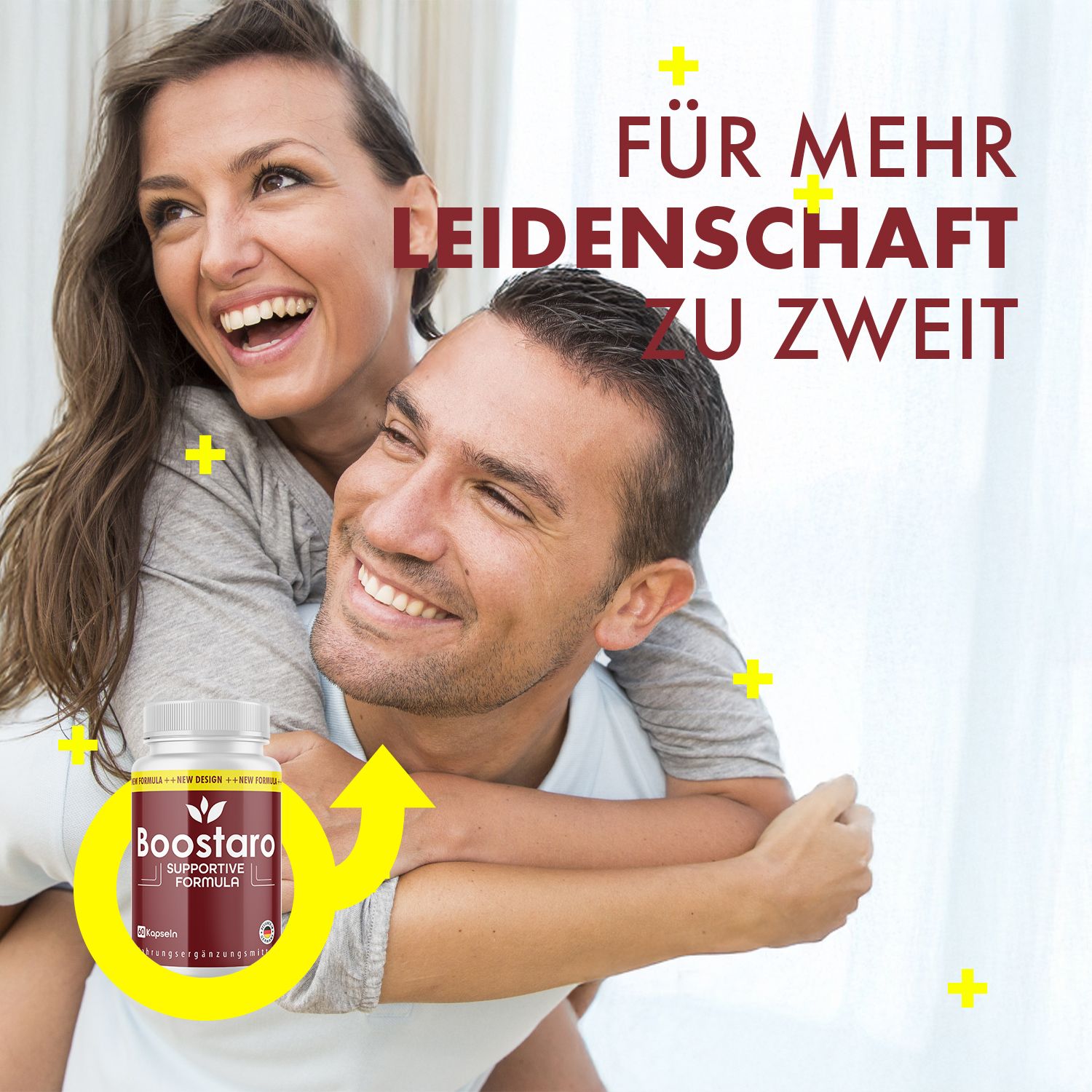 Paar umarmt sich. Dose Boostaro im Vordergrund. Text: Für mehr Leidenschaft zu zweit.