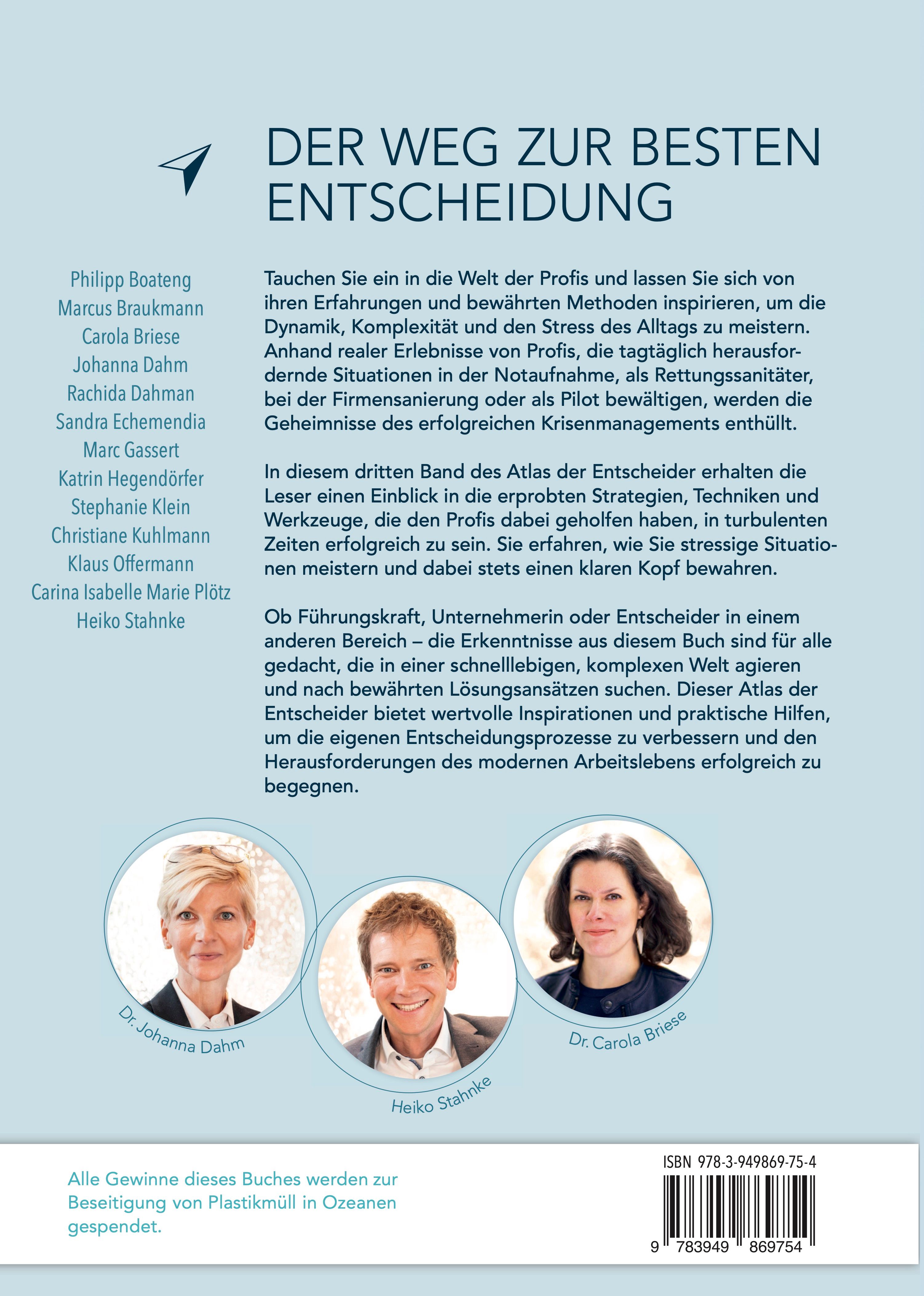 Buchrücken "Atlas der Entscheider". Titel, Autoren, ISBN. Fotos von Johanna Dahm, Heiko Stahnke, Carola Briese. Text in Deutsch.