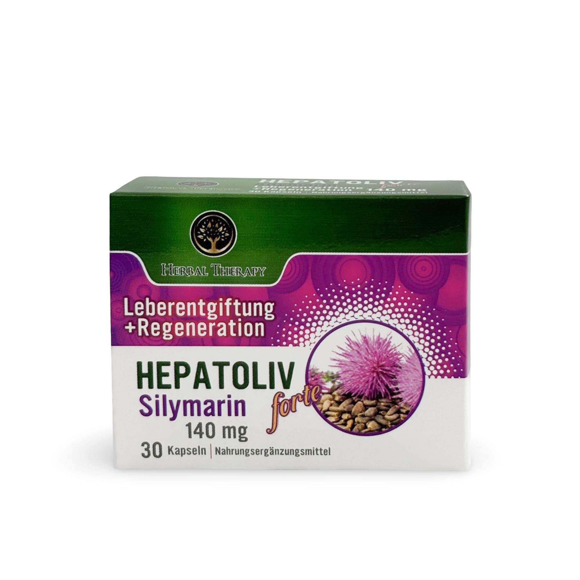 Schachtel mit HEPATOLIV Silymarin forte 140 mg. Aufschrift: Leberentgiftung + Regeneration. 30 Kapseln. Nahrungsergänzungsmittel.