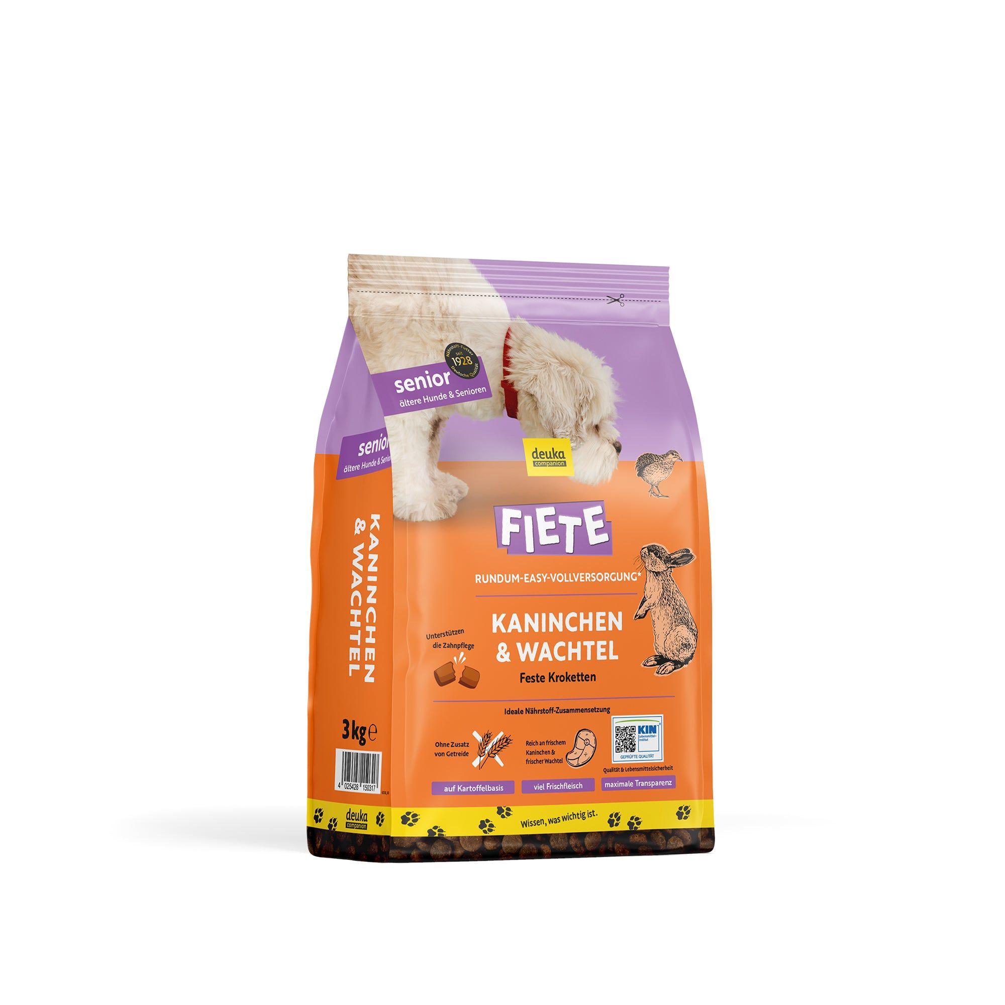 FIETE Senior Kaninchen & Wachtel Trockenfutter. Verpackung mit Produktabbildung, 3kg. Aufdrucke: Kaninchen & Wachtel, Senior, Getreidefrei.