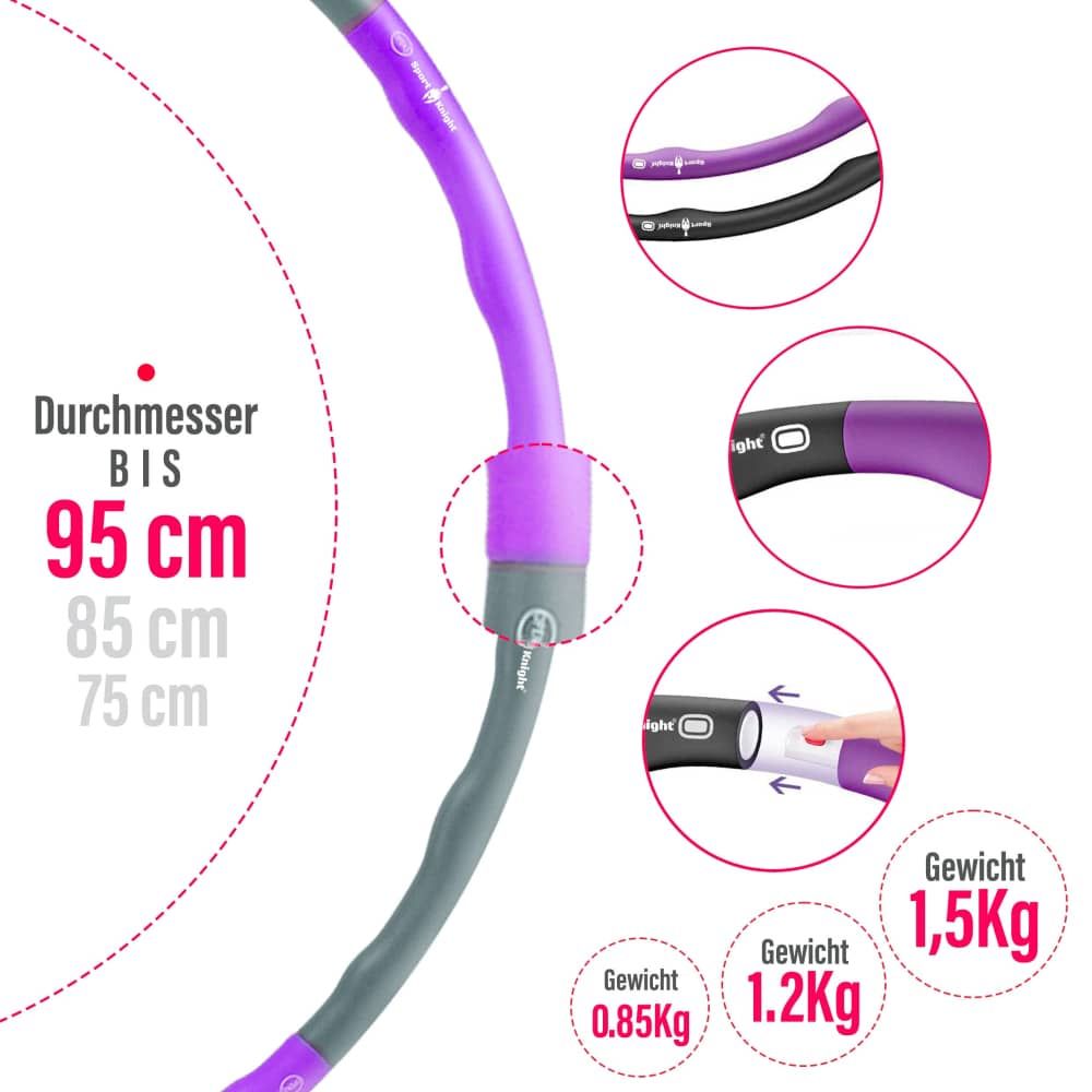 Hula Hoop Reifen mit Größenangaben: 95 cm, 85 cm, 75 cm. Detailansichten zeigen Verbindungsmechanismen und Gewichtsangaben.