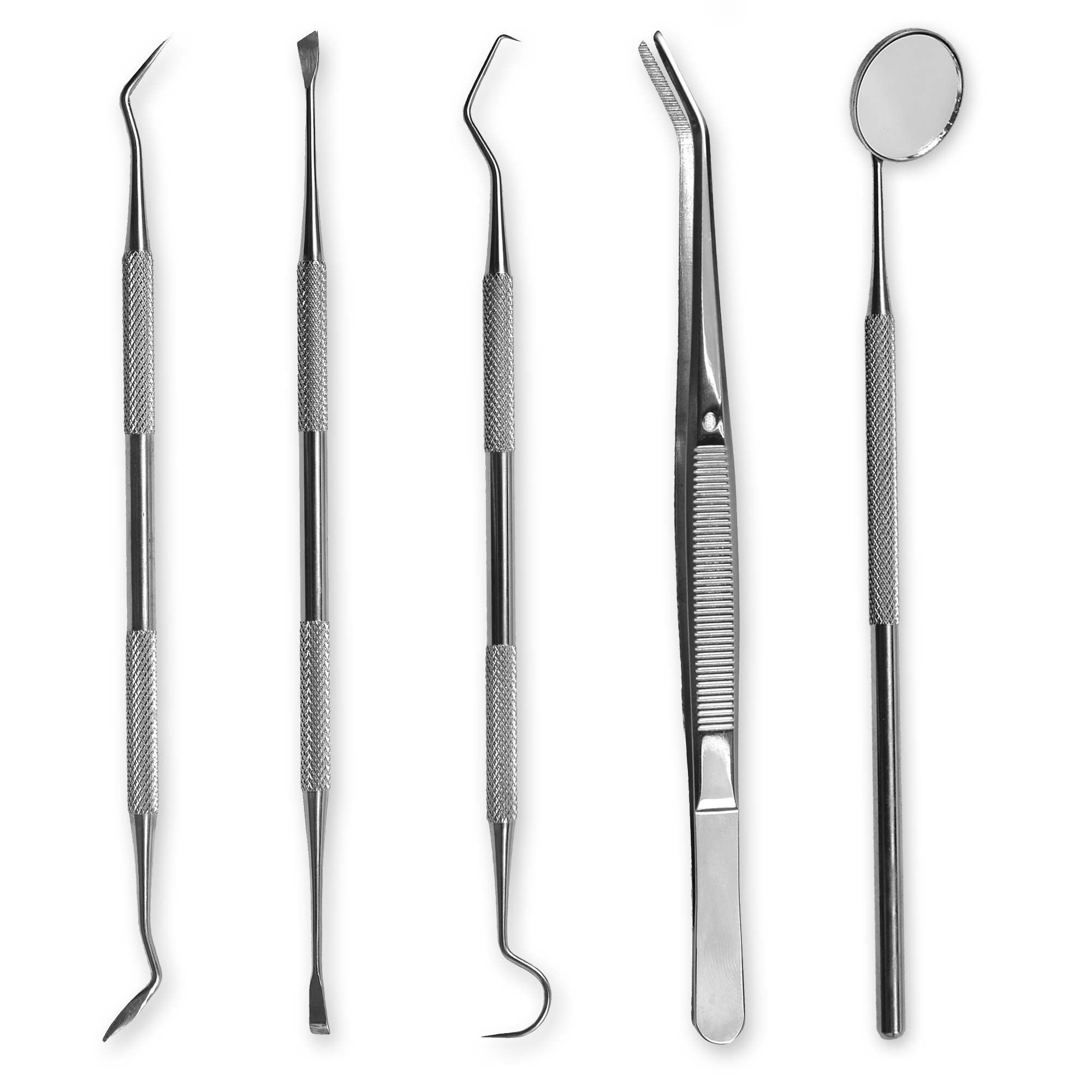 Zahnarztbesteck-Set mit 5 Instrumenten: Haken, Spatel, Pinzette und Spiegel. Alle aus Metall mit geriffelten Griffen.