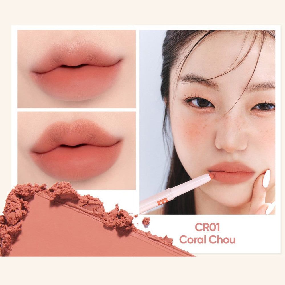 Lippenstift CR01 Coral Chou auf Lippen und als Puderprobe.