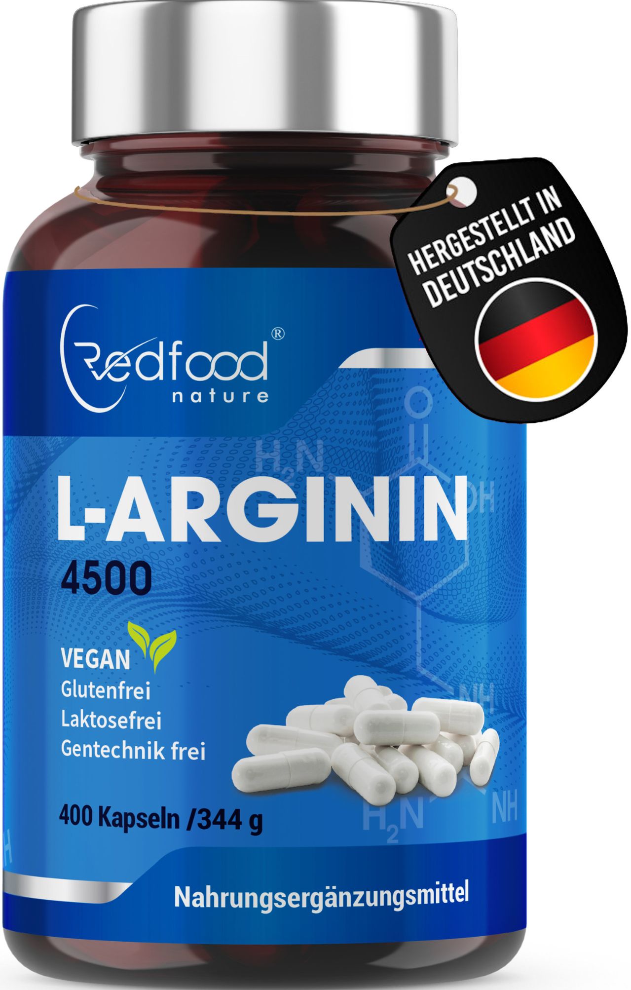 Braune Glasflasche mit weißen Kapseln. Aufschrift: Redfood L-Arginin 4500. Vegan, glutenfrei, laktosefrei. Hergestellt in Deutschland.