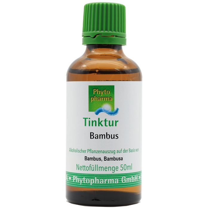 Braune Glasflasche mit grünem Verschluss. Auf dem Etikett steht "Tinktur Bambus" und "Phytopharma".