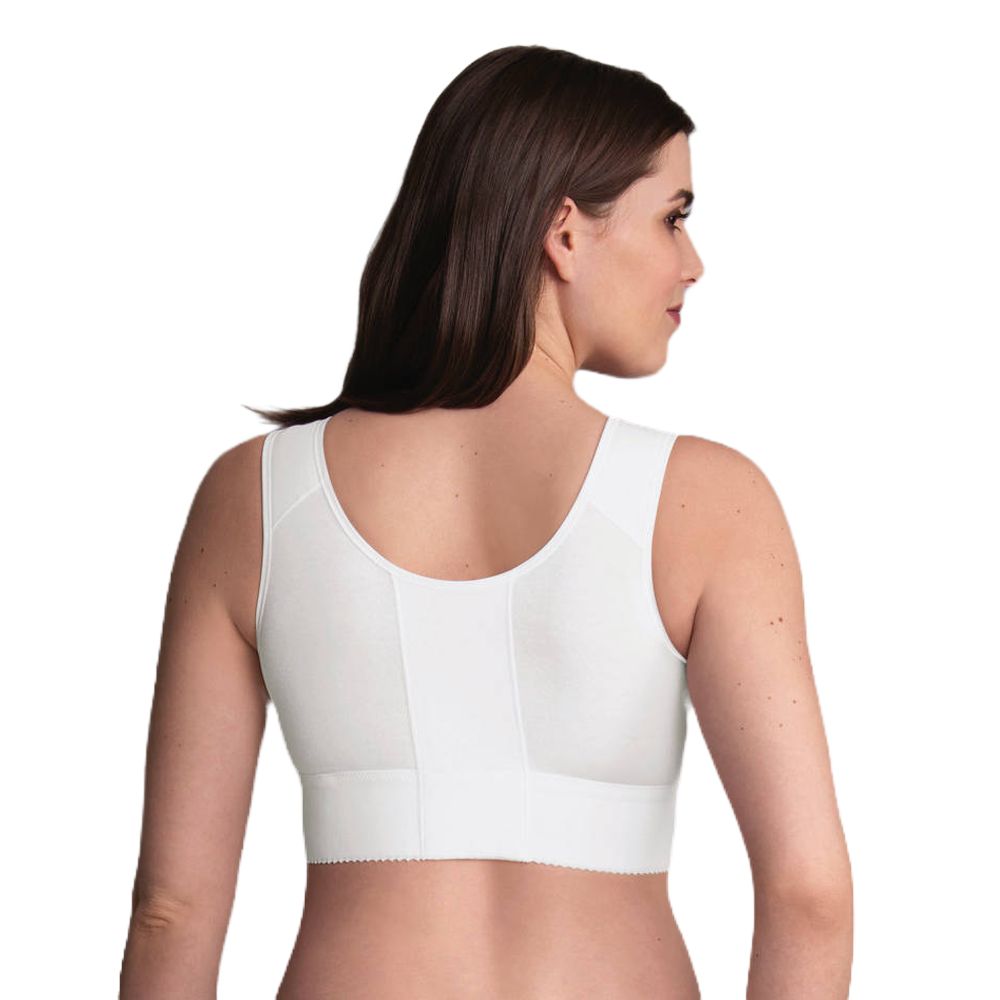 Rückansicht des weißen Kompressionsbandage mit Vorderverschluss. Breite Träger. Nahtdetails. Glatte Oberfläche.