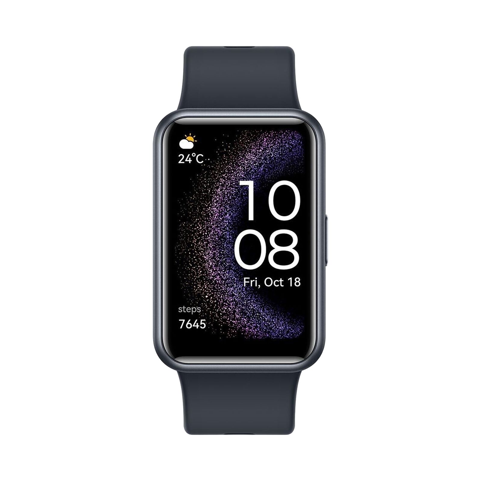 Fitness-Tracker mit Display und dunkelblauem Armband. Zeigt Uhrzeit, Datum, Temperatur und Schritte an.