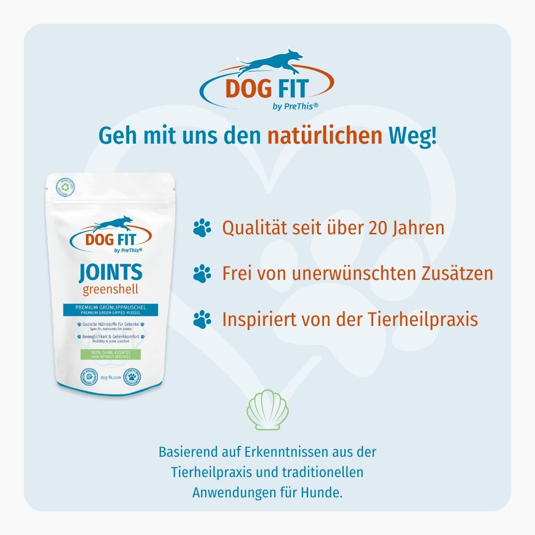 DOG FIT Logo und Beutel. Text: Geh mit uns den natürlichen Weg! Qualität seit über 20 Jahren. Frei von Zusätzen.