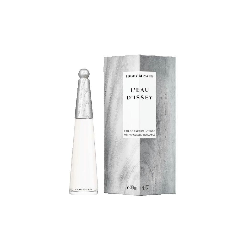 Flakon und Verpackung. L'Eau d'Issey EdP Nat. Spray Intense. Flakon konisch, silberner Verschluss. Verpackung mit Holzmaserung.