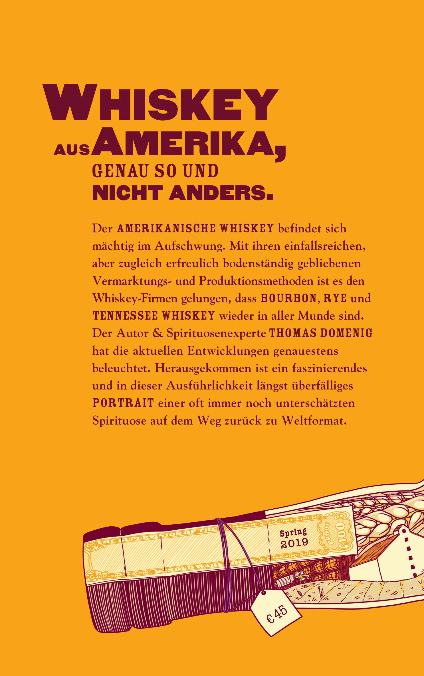 Buchrückseite. Text: "Whiskey aus Amerika". Gelber Hintergrund, Illustration von Flaschen.