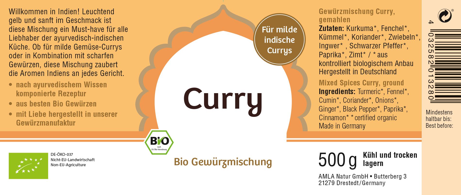 Etikett mit "Curry" und Bio-Siegel. Text: "Für milde indische Currys", Zutatenliste, 500g. Hergestellt in Deutschland.
