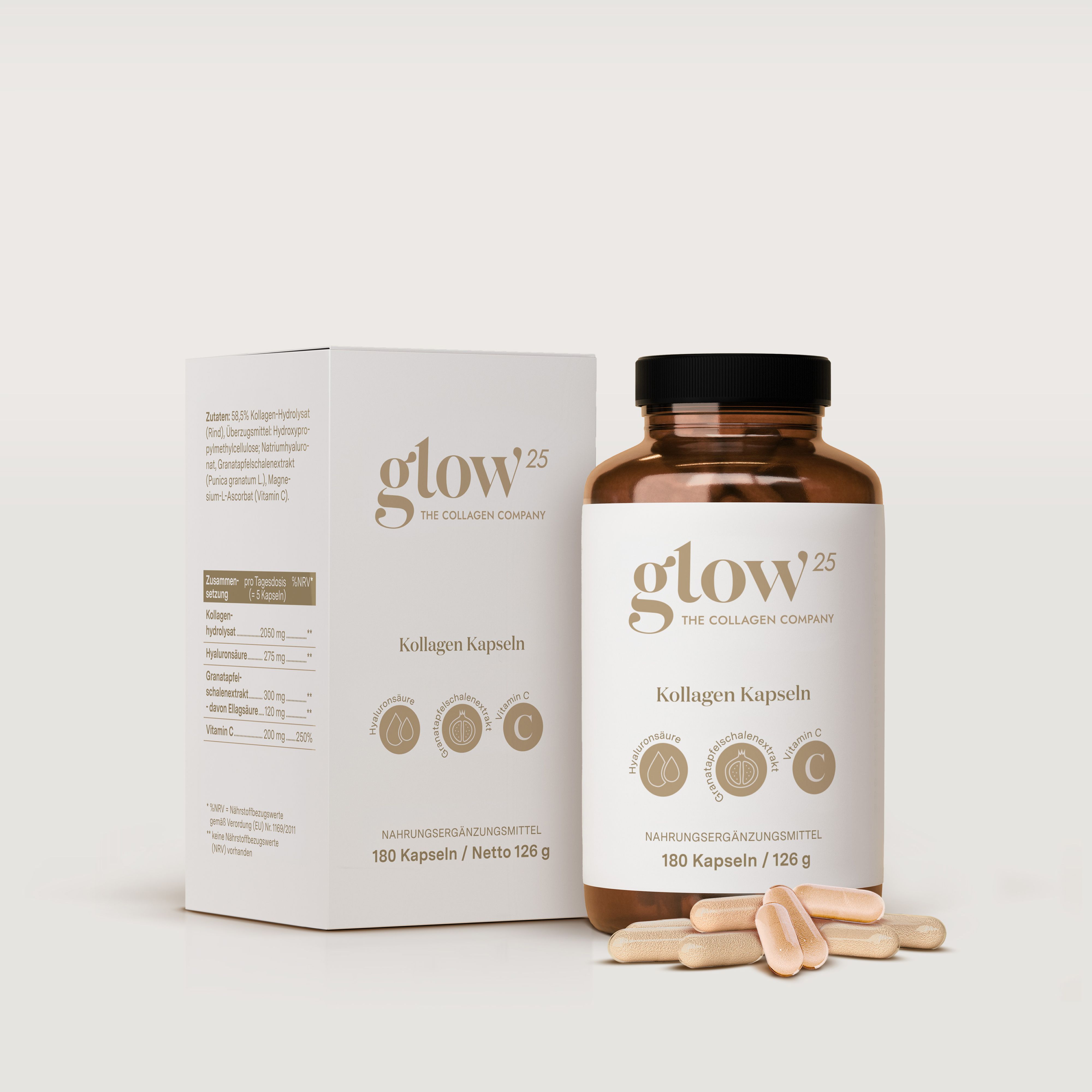 Glow25 Kollagen Kapseln Flasche und Schachtel. Kapseln liegen daneben. 180 Kapseln.